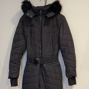 NWOT Black Quilted Ski SUIT with Fur Hood Size Medium